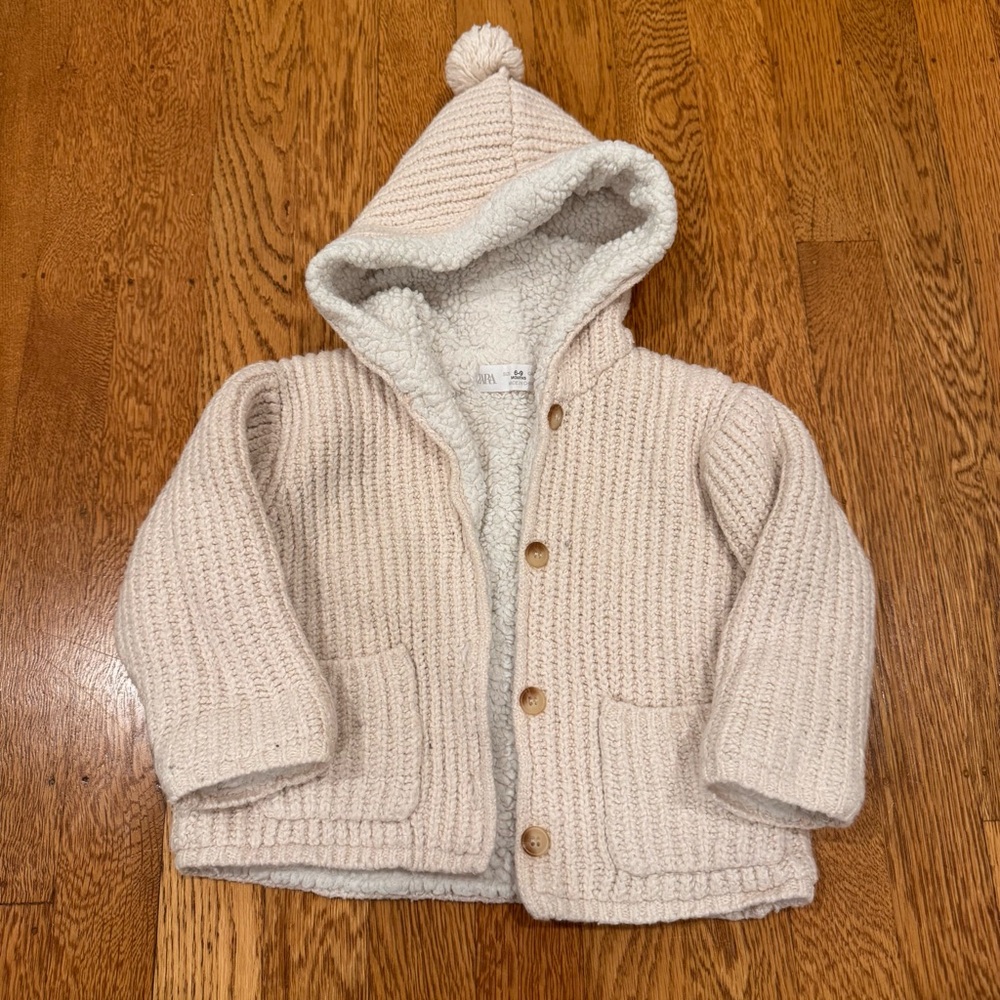 Zara Cream Hooded Knit Sweater Baby Jacket with Sherpa Lining Sz 6-9 months